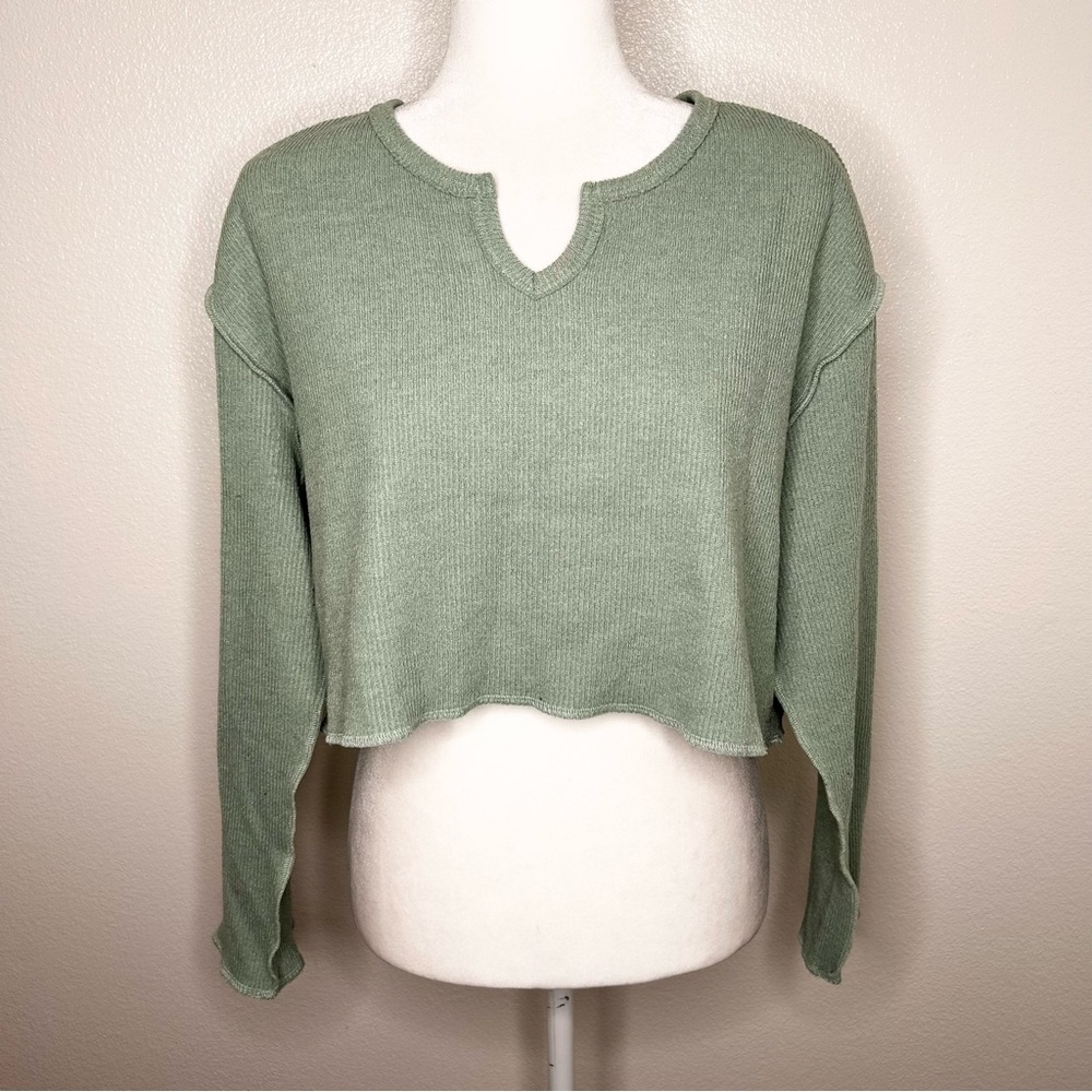 Urban Outfitters Womens Sage Green Oversized Long Sleeve Crop Top Size S